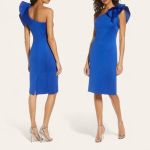 Eliza J Cobalt Scuba 3D One Shoulder Bodycon Ruffle Cap Sleeve Dress Womens 10